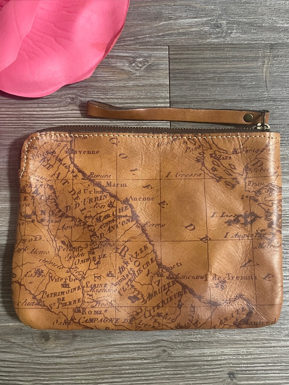 PATRICIA NASH Cassini Leather Wristlet Wallet Clutch Riot Rust Brown Map